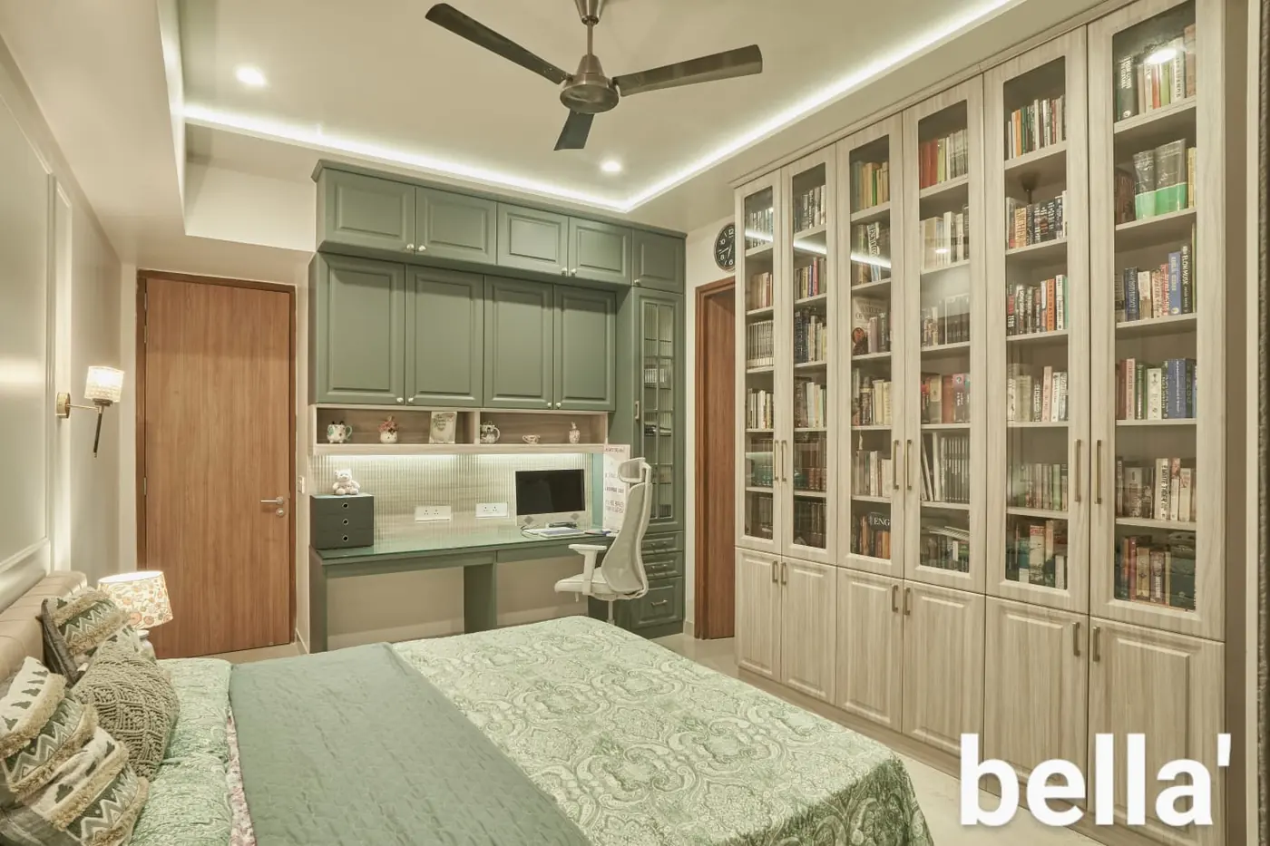 Bedroom with floor-to-ceiling glass bookshelf wall and study unit, Kalyani Nagar, Pune